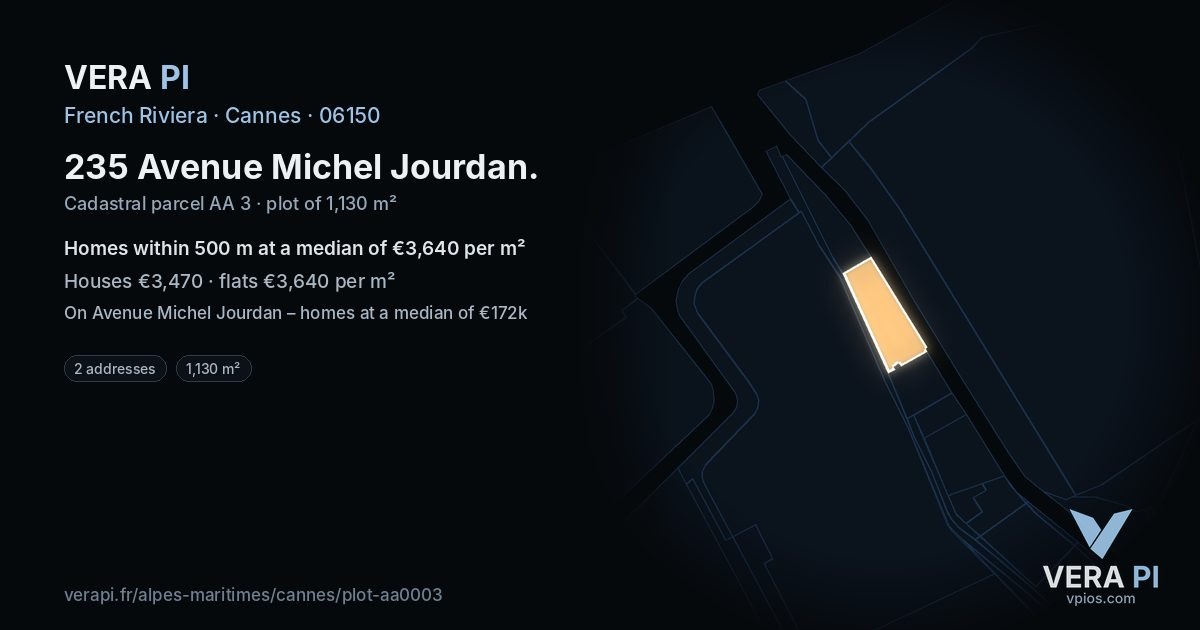 235 Avenue Michel Jourdan, Cannes at night – the plot lit, the parcels around coloured by the prices near them