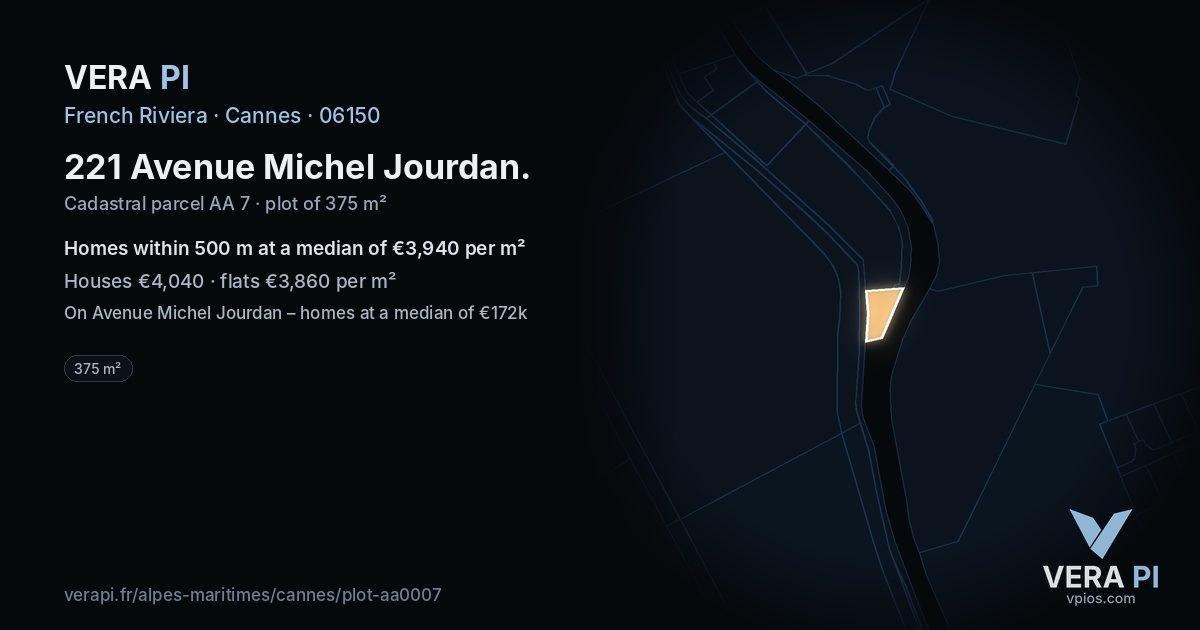 221 Avenue Michel Jourdan, Cannes at night – the plot lit, the parcels around coloured by the prices near them