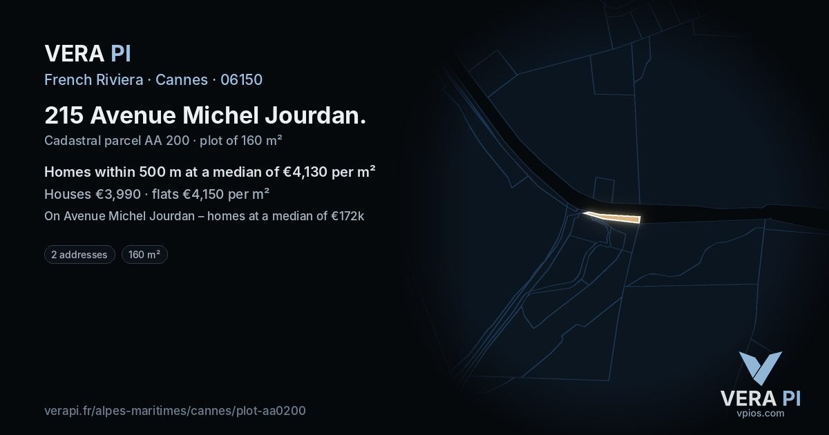 215 Avenue Michel Jourdan, Cannes at night – the plot lit, the parcels around coloured by the prices near them