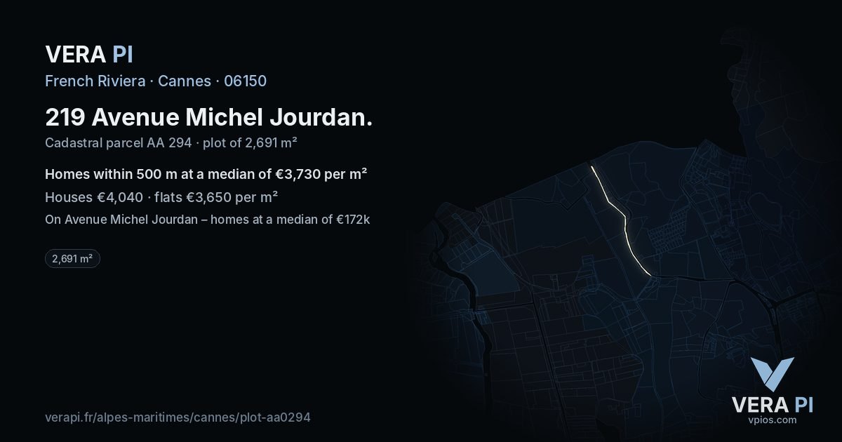 219 Avenue Michel Jourdan, Cannes at night – the plot lit, the parcels around coloured by the prices near them