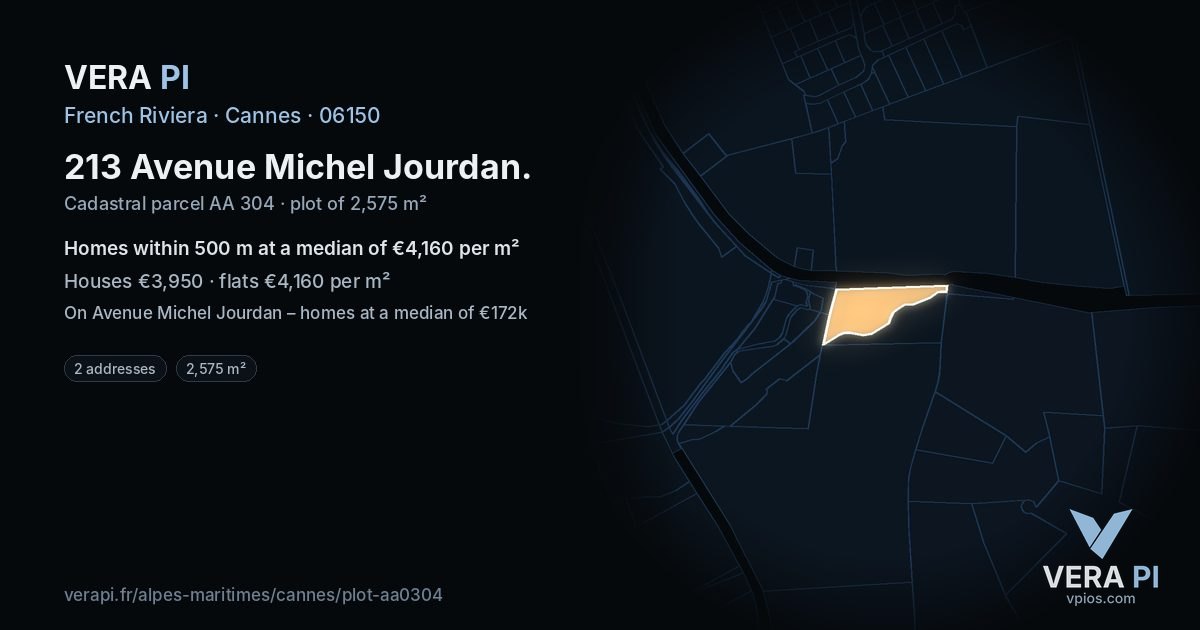 213 Avenue Michel Jourdan, Cannes at night – the plot lit, the parcels around coloured by the prices near them