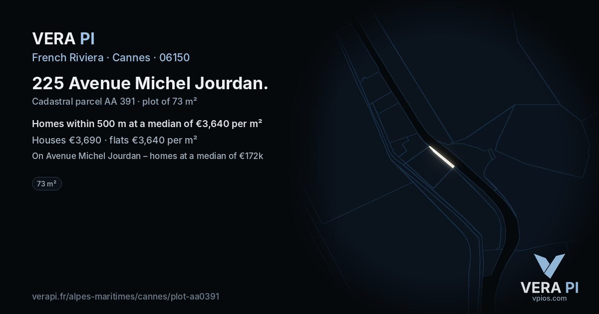 225 Avenue Michel Jourdan, Cannes at night – the plot lit, the parcels around coloured by the prices near them