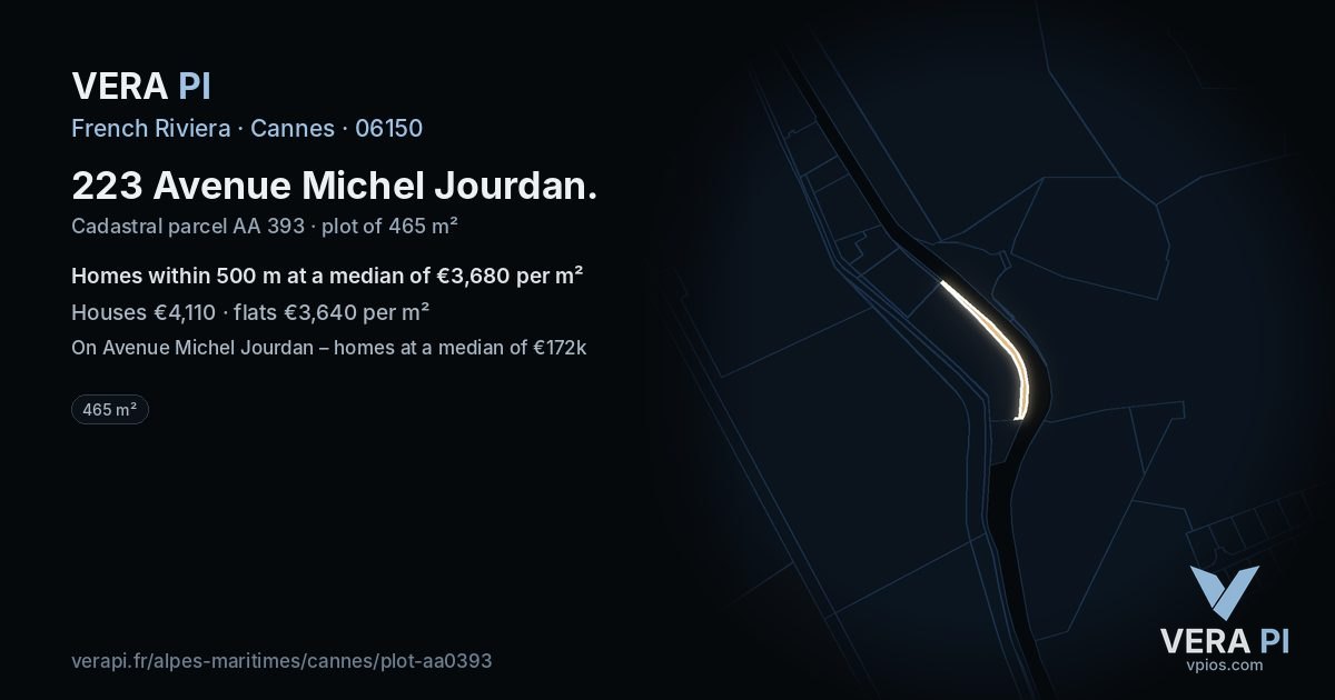 223 Avenue Michel Jourdan, Cannes at night – the plot lit, the parcels around coloured by the prices near them