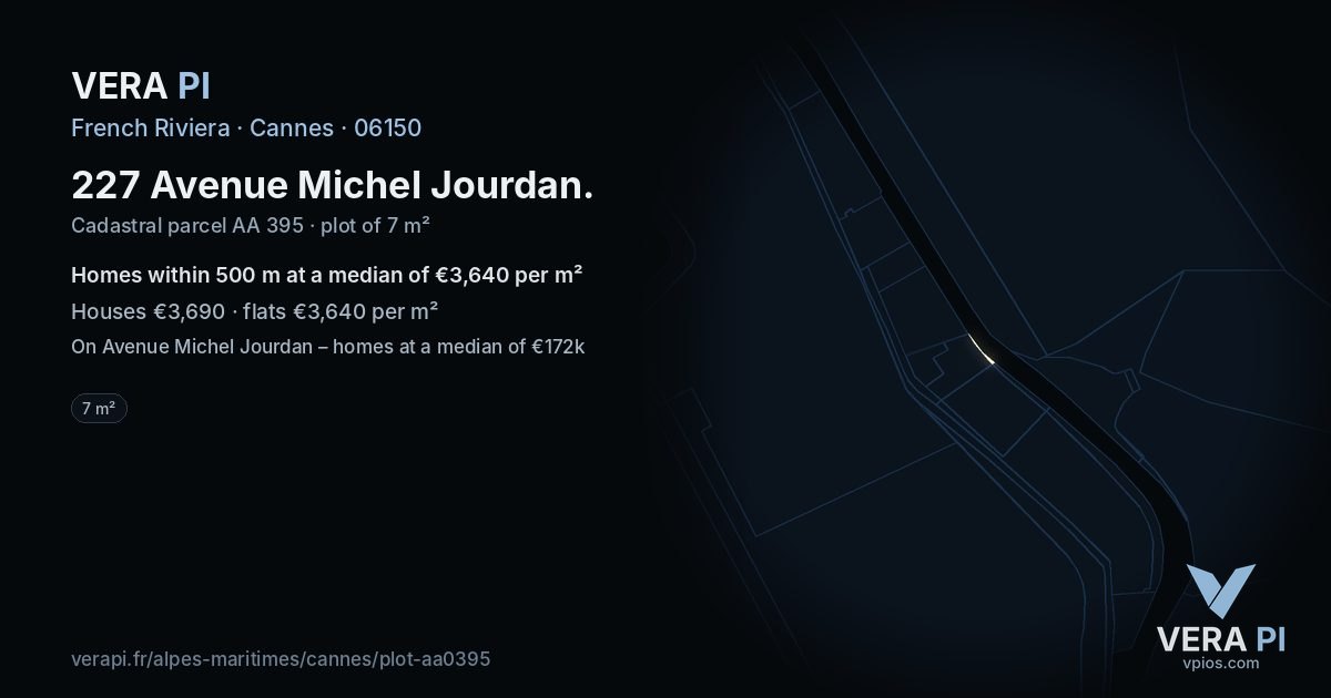 227 Avenue Michel Jourdan, Cannes at night – the plot lit, the parcels around coloured by the prices near them