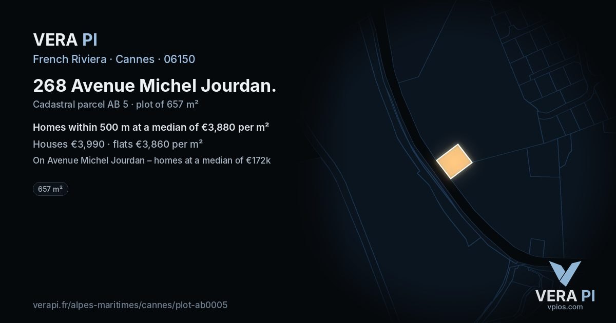 268 Avenue Michel Jourdan, Cannes at night – the plot lit, the parcels around coloured by the prices near them