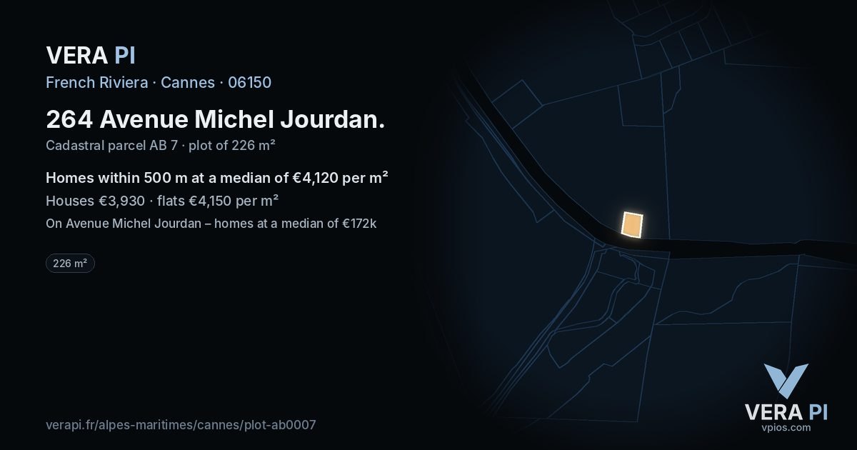 264 Avenue Michel Jourdan, Cannes at night – the plot lit, the parcels around coloured by the prices near them
