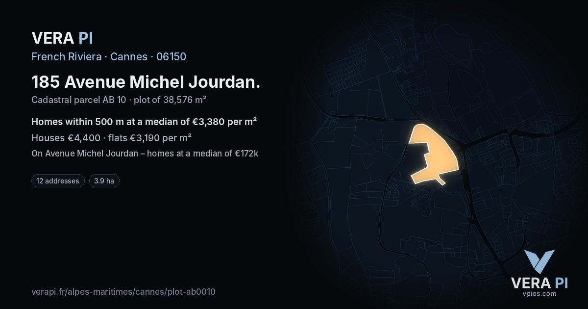185 Avenue Michel Jourdan, Cannes at night – the plot lit, the parcels around coloured by the prices near them