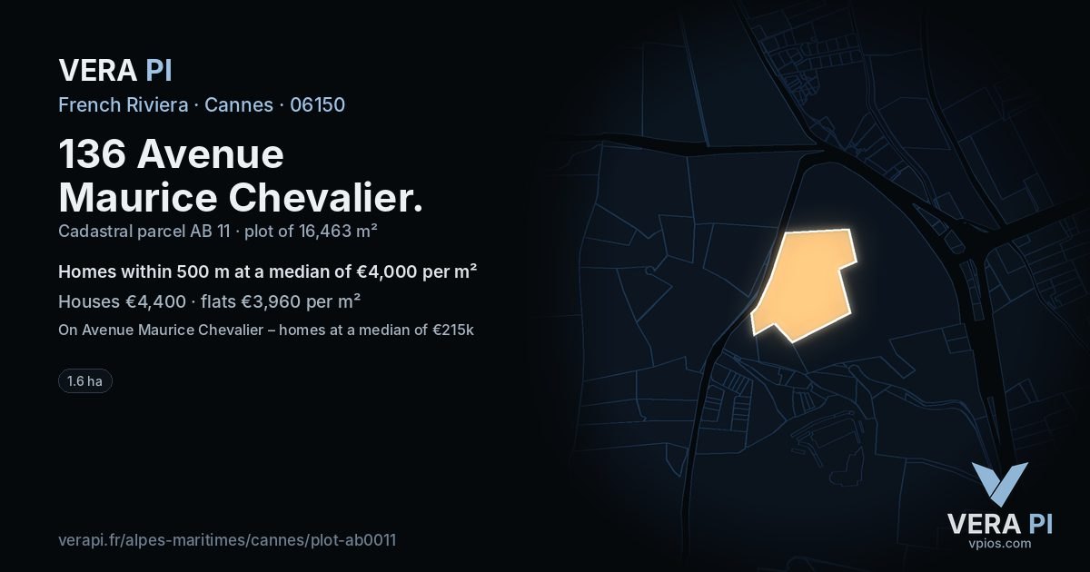 136 Avenue Maurice Chevalier, Cannes at night – the plot lit, the parcels around coloured by the prices near them