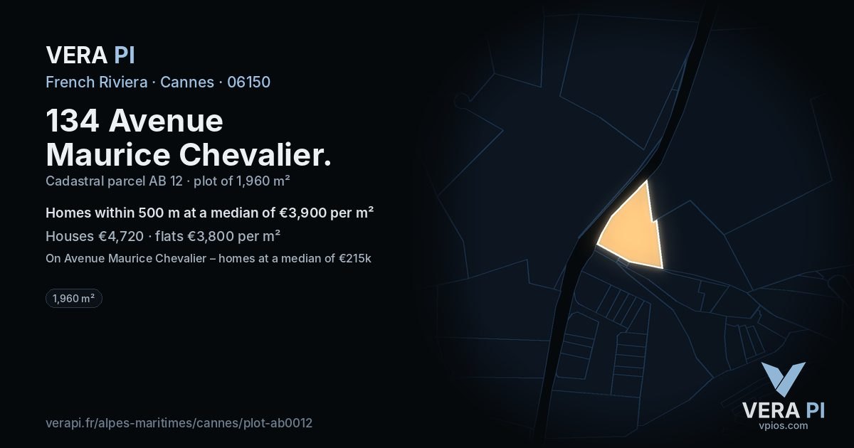 134 Avenue Maurice Chevalier, Cannes at night – the plot lit, the parcels around coloured by the prices near them