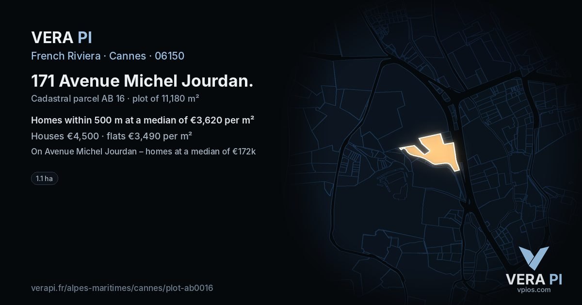 171 Avenue Michel Jourdan, Cannes at night – the plot lit, the parcels around coloured by the prices near them