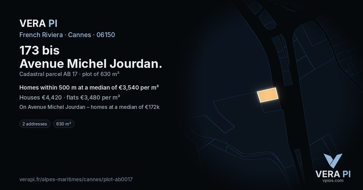 173 bis Avenue Michel Jourdan, Cannes at night – the plot lit, the parcels around coloured by the prices near them