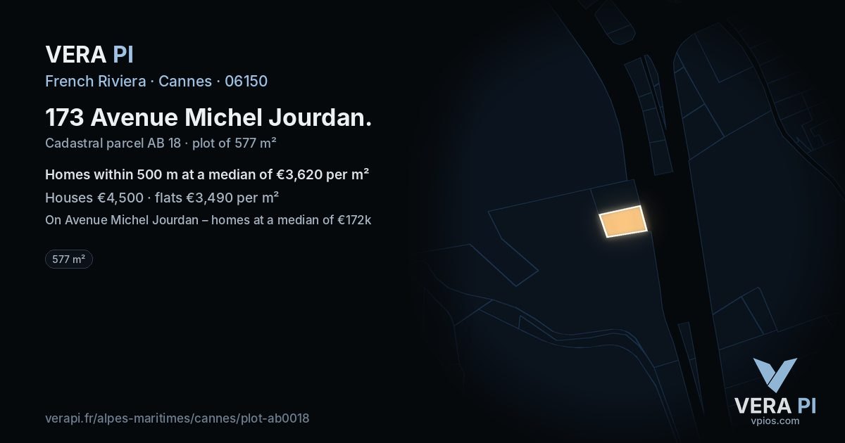 173 Avenue Michel Jourdan, Cannes at night – the plot lit, the parcels around coloured by the prices near them