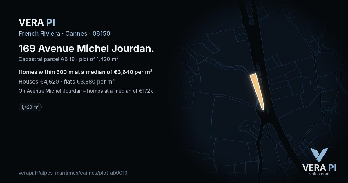 169 Avenue Michel Jourdan, Cannes at night – the plot lit, the parcels around coloured by the prices near them