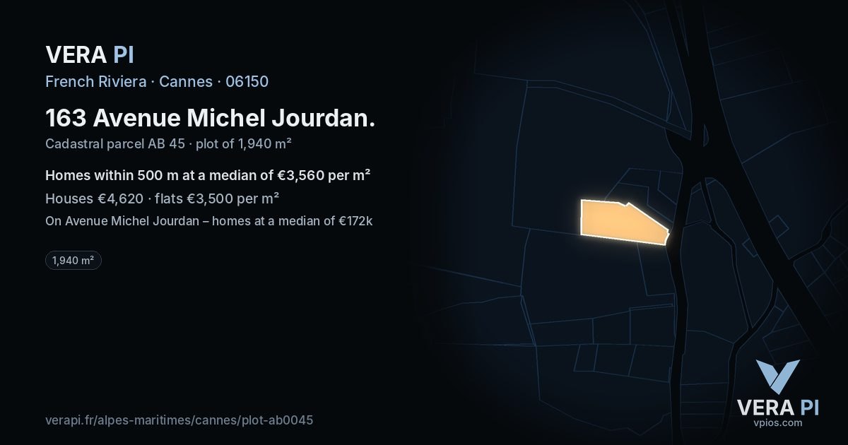 163 Avenue Michel Jourdan, Cannes at night – the plot lit, the parcels around coloured by the prices near them