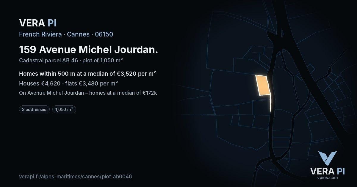 159 Avenue Michel Jourdan, Cannes at night – the plot lit, the parcels around coloured by the prices near them