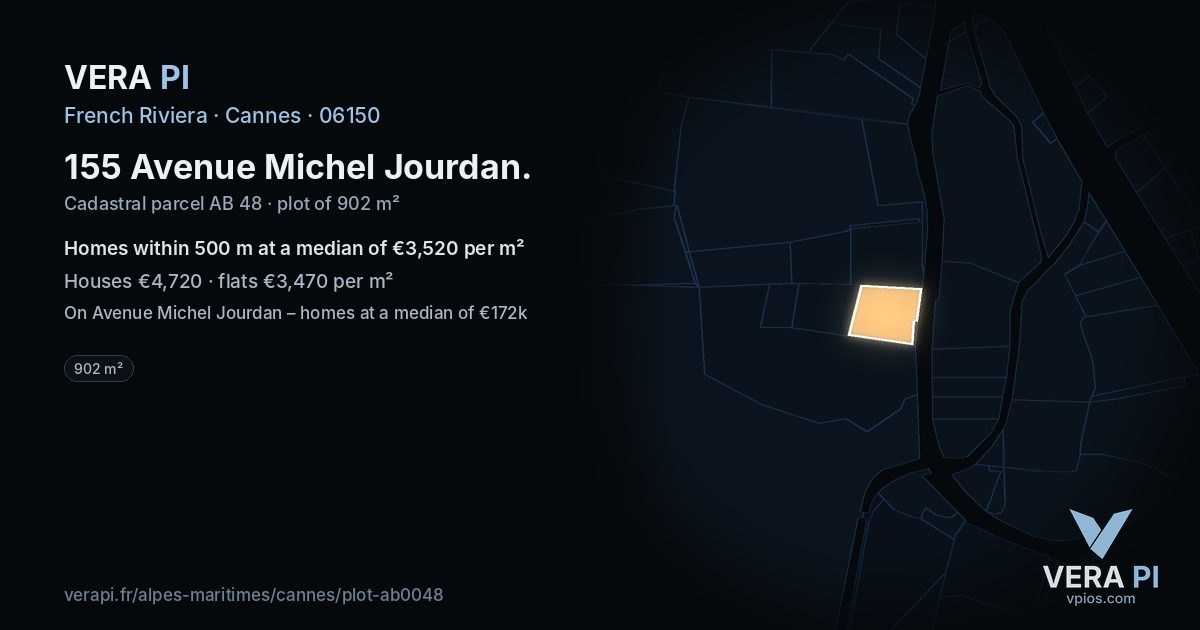 155 Avenue Michel Jourdan, Cannes at night – the plot lit, the parcels around coloured by the prices near them