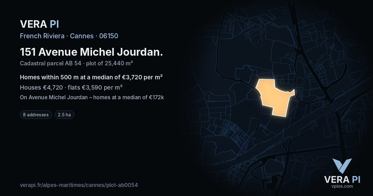151 Avenue Michel Jourdan, Cannes at night – the plot lit, the parcels around coloured by the prices near them