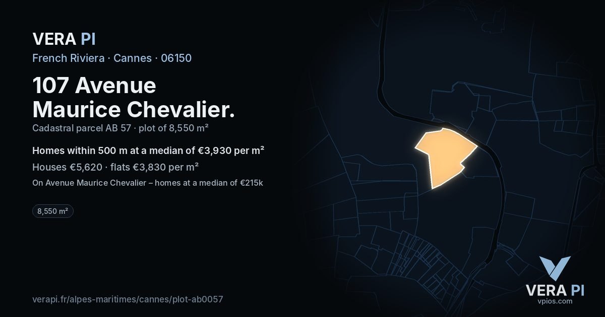 107 Avenue Maurice Chevalier, Cannes at night – the plot lit, the parcels around coloured by the prices near them