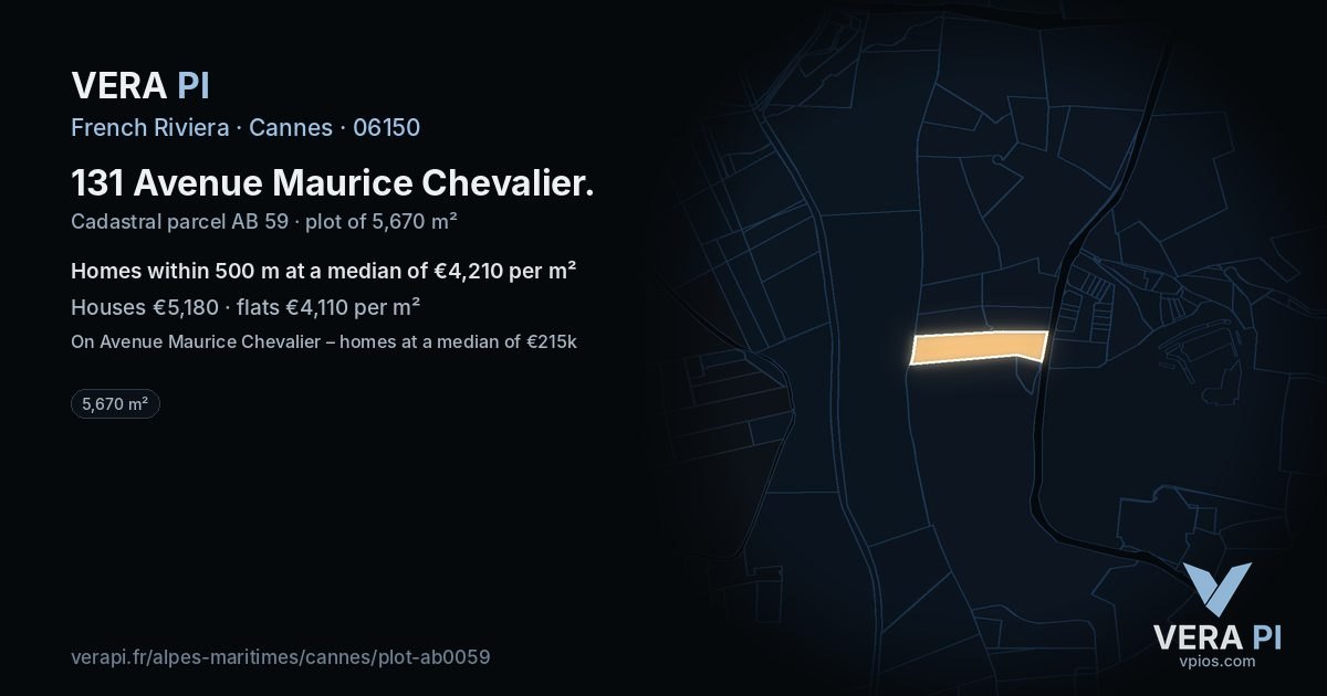 131 Avenue Maurice Chevalier, Cannes at night – the plot lit, the parcels around coloured by the prices near them