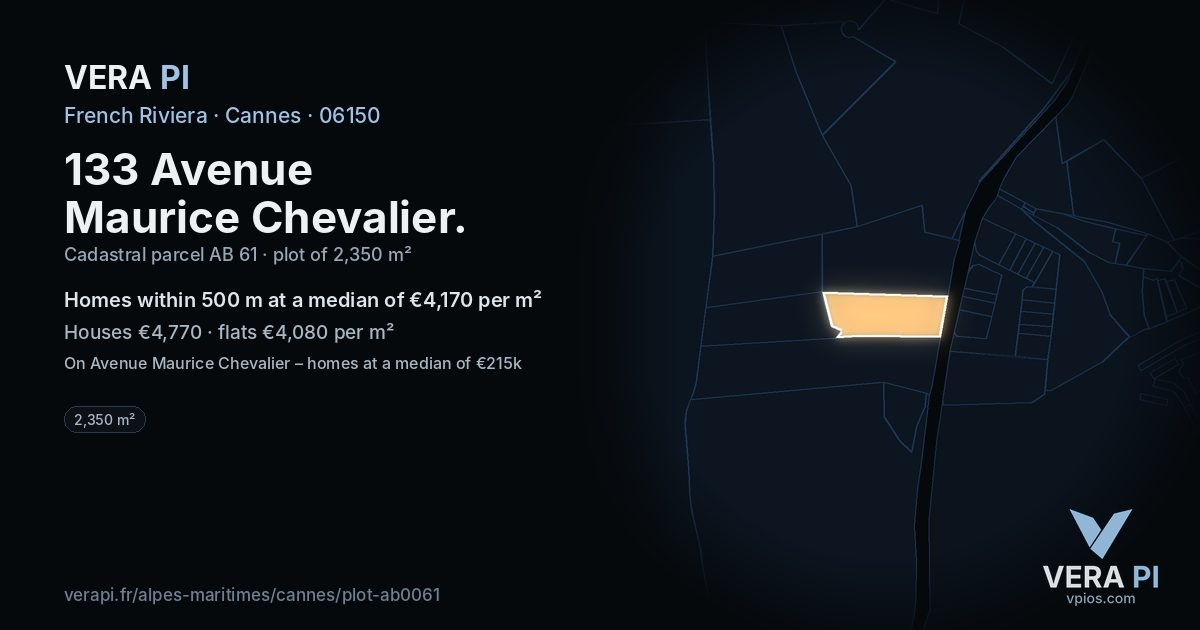 133 Avenue Maurice Chevalier, Cannes at night – the plot lit, the parcels around coloured by the prices near them