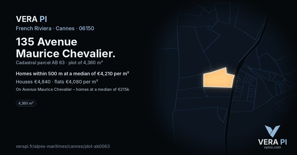 135 Avenue Maurice Chevalier, Cannes at night – the plot lit, the parcels around coloured by the prices near them