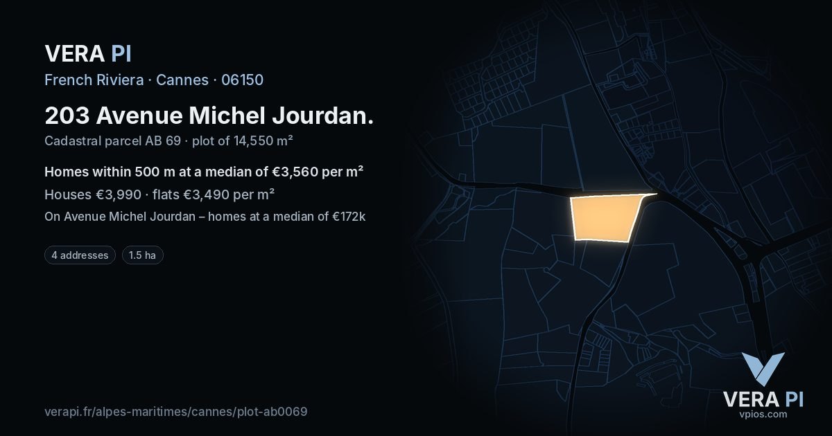 203 Avenue Michel Jourdan, Cannes at night – the plot lit, the parcels around coloured by the prices near them