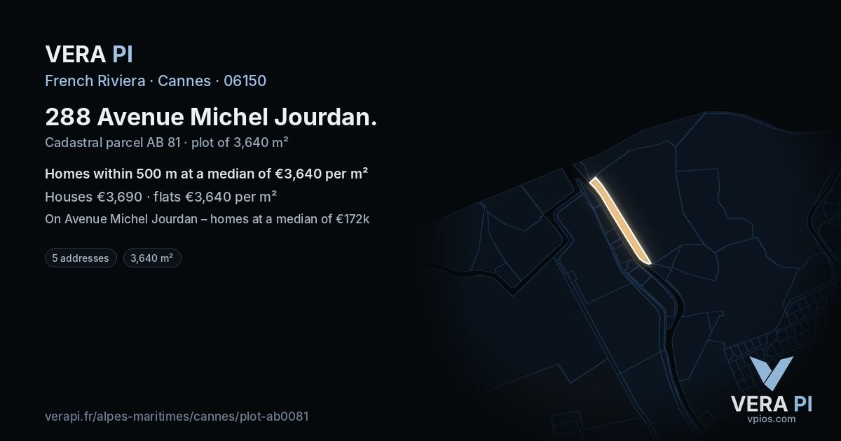 288 Avenue Michel Jourdan, Cannes at night – the plot lit, the parcels around coloured by the prices near them