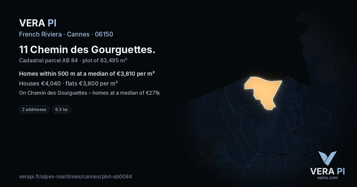 11 Chemin des Gourguettes, Cannes at night – the plot lit, the parcels around coloured by the prices near them