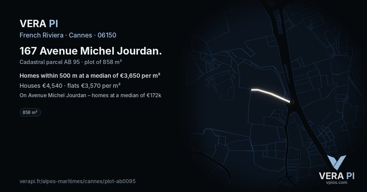 167 Avenue Michel Jourdan, Cannes at night – the plot lit, the parcels around coloured by the prices near them