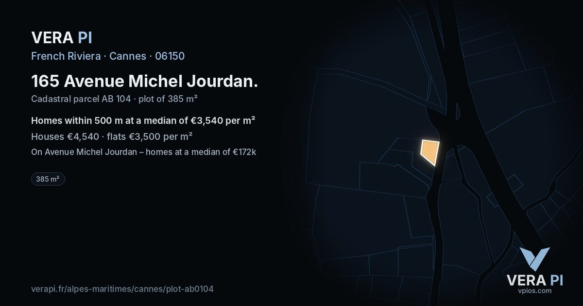 165 Avenue Michel Jourdan, Cannes at night – the plot lit, the parcels around coloured by the prices near them