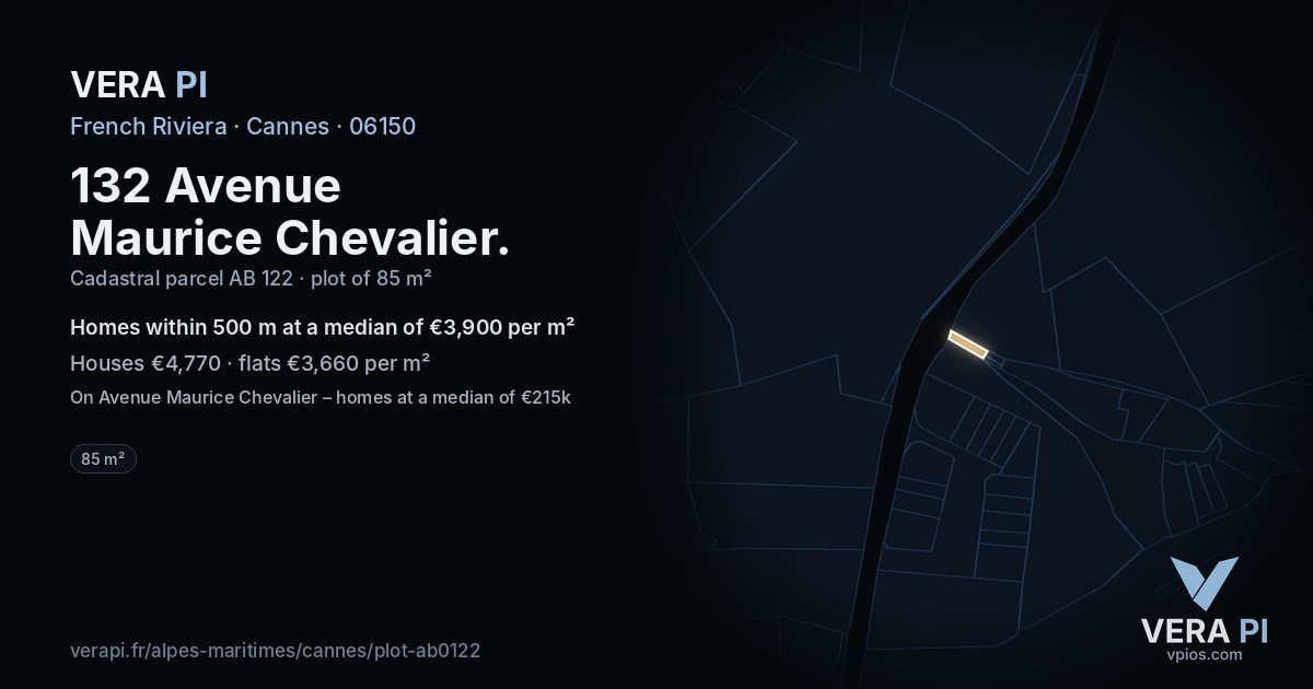 132 Avenue Maurice Chevalier, Cannes at night – the plot lit, the parcels around coloured by the prices near them