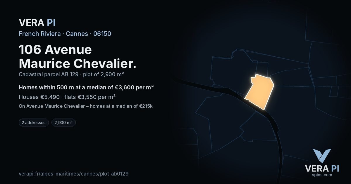 106 Avenue Maurice Chevalier, Cannes at night – the plot lit, the parcels around coloured by the prices near them