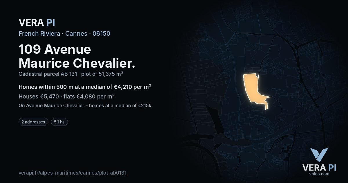 109 Avenue Maurice Chevalier, Cannes at night – the plot lit, the parcels around coloured by the prices near them