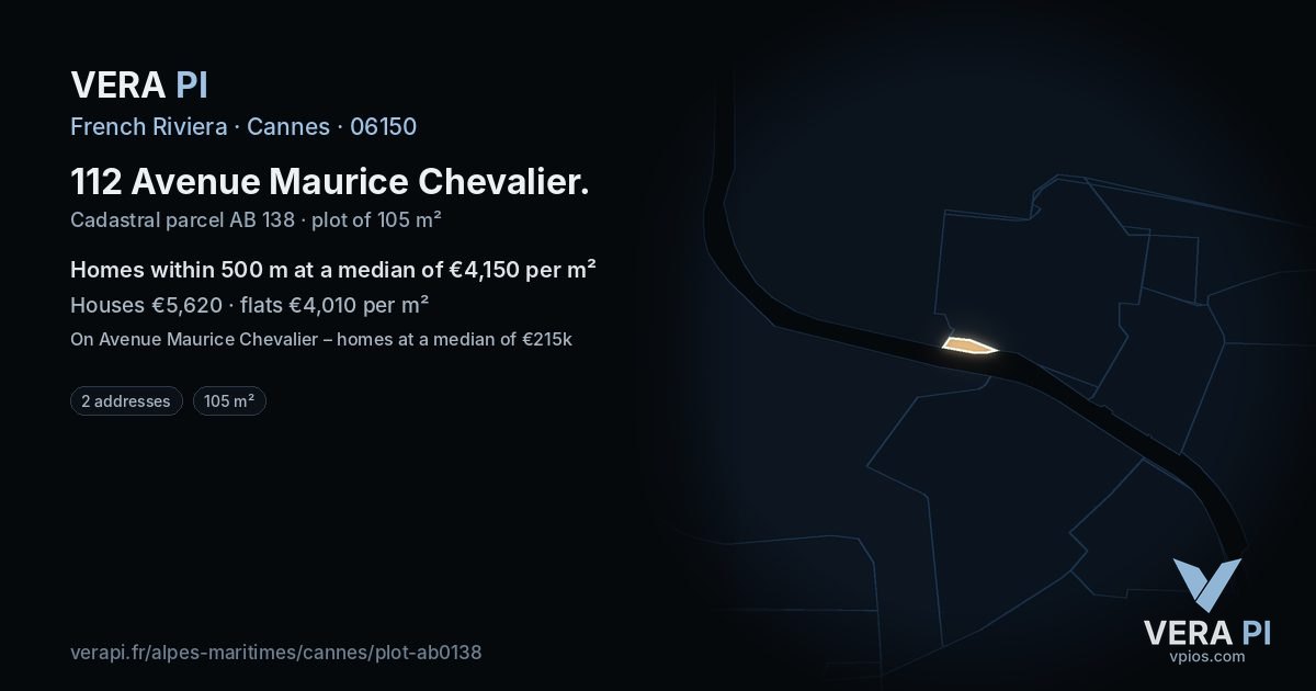 112 Avenue Maurice Chevalier, Cannes at night – the plot lit, the parcels around coloured by the prices near them