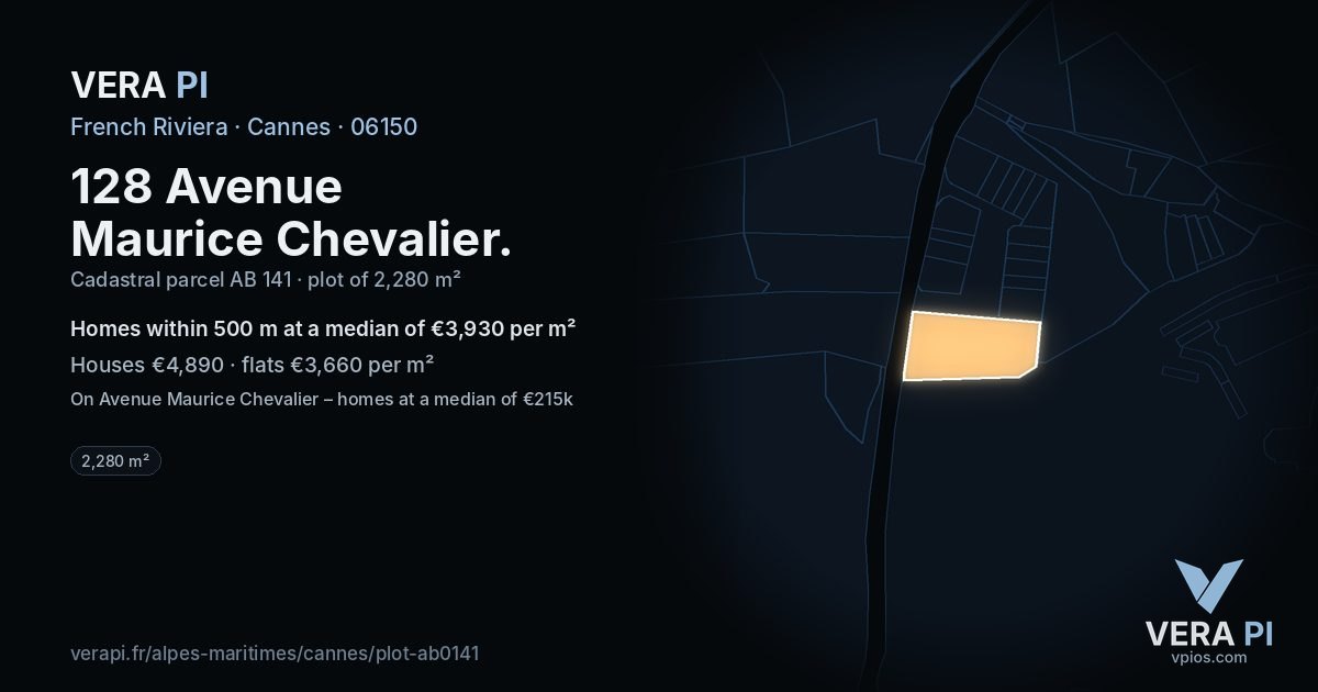 128 Avenue Maurice Chevalier, Cannes at night – the plot lit, the parcels around coloured by the prices near them