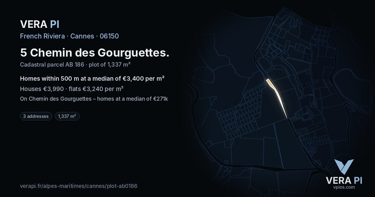 5 Chemin des Gourguettes, Cannes at night – the plot lit, the parcels around coloured by the prices near them