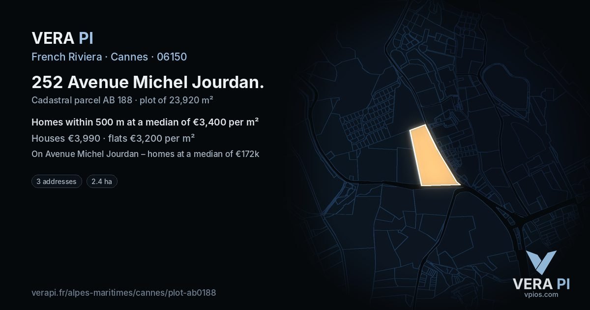 252 Avenue Michel Jourdan, Cannes at night – the plot lit, the parcels around coloured by the prices near them