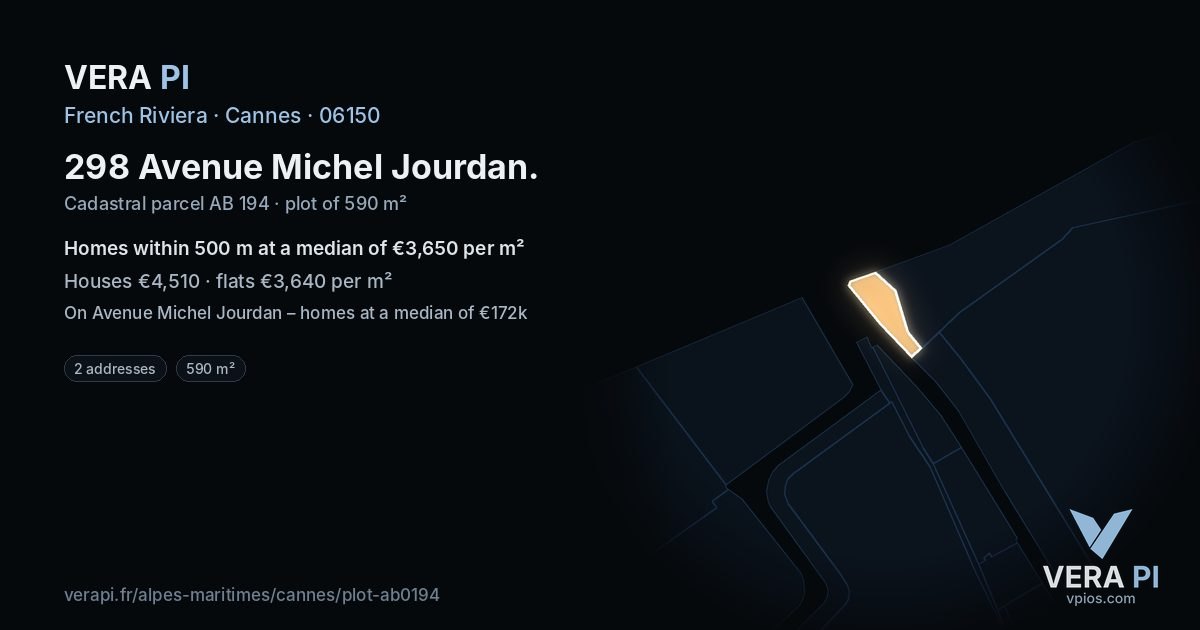 298 Avenue Michel Jourdan, Cannes at night – the plot lit, the parcels around coloured by the prices near them