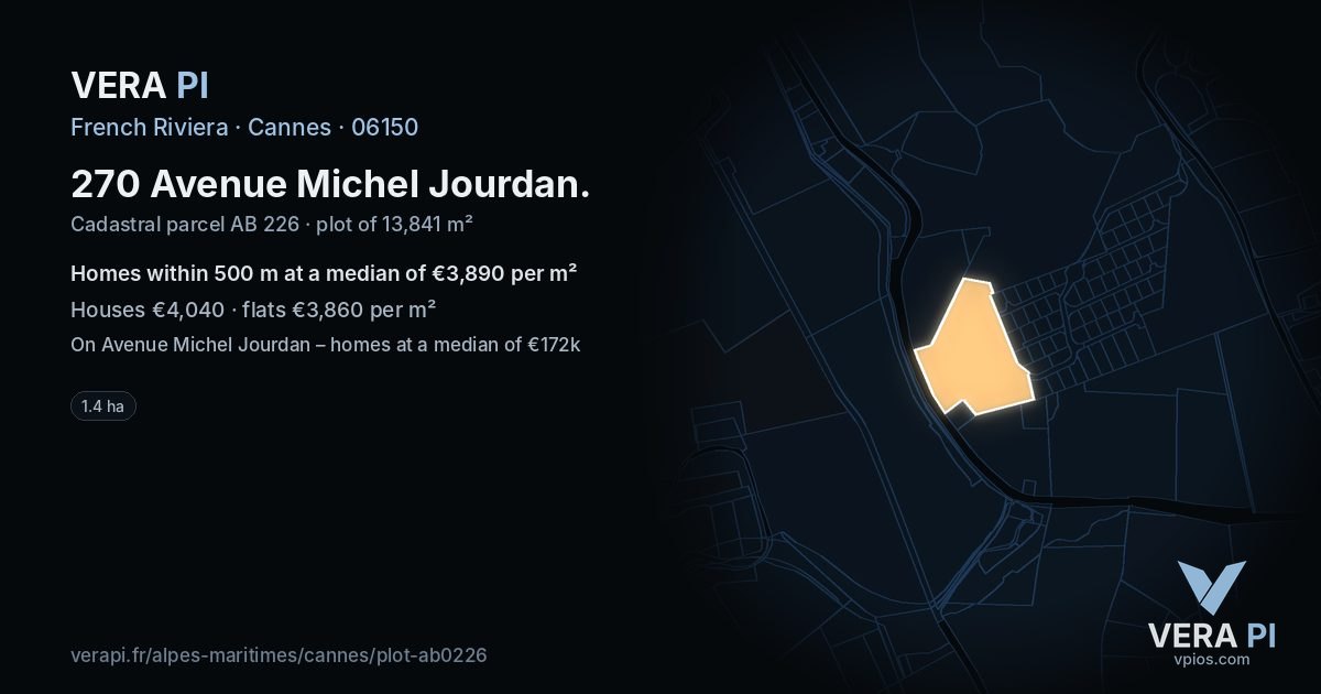 270 Avenue Michel Jourdan, Cannes at night – the plot lit, the parcels around coloured by the prices near them