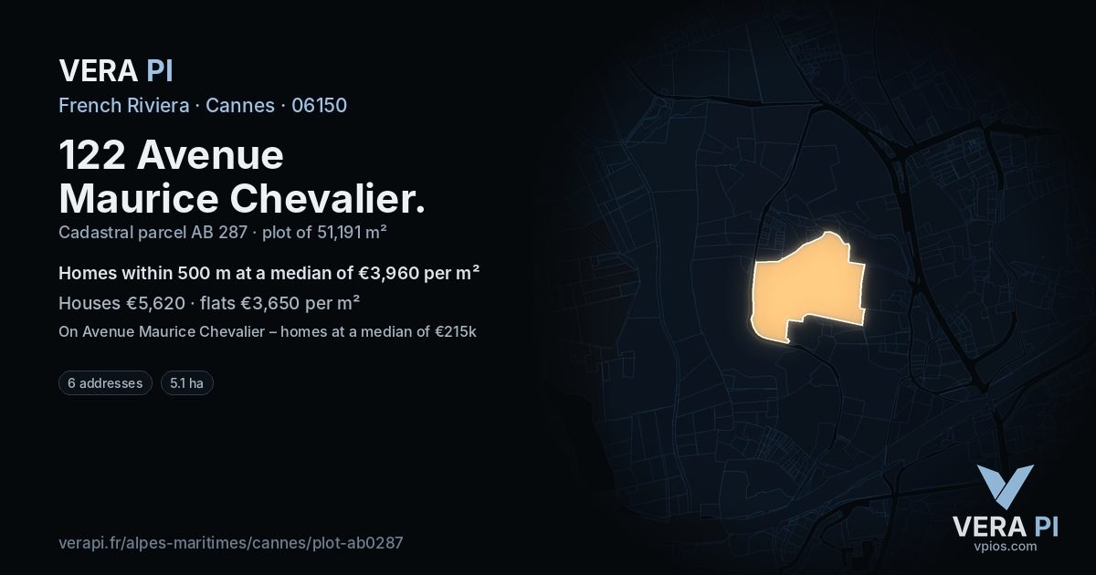 122 Avenue Maurice Chevalier, Cannes at night – the plot lit, the parcels around coloured by the prices near them