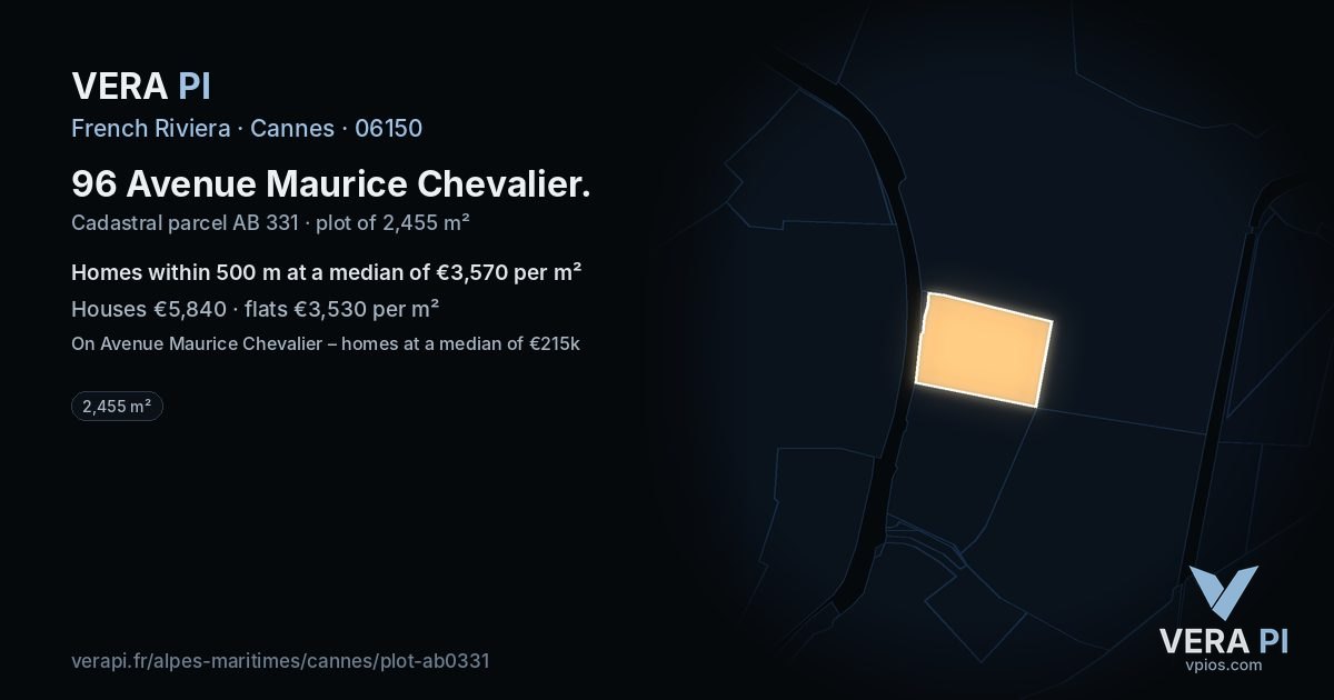 96 Avenue Maurice Chevalier, Cannes at night – the plot lit, the parcels around coloured by the prices near them