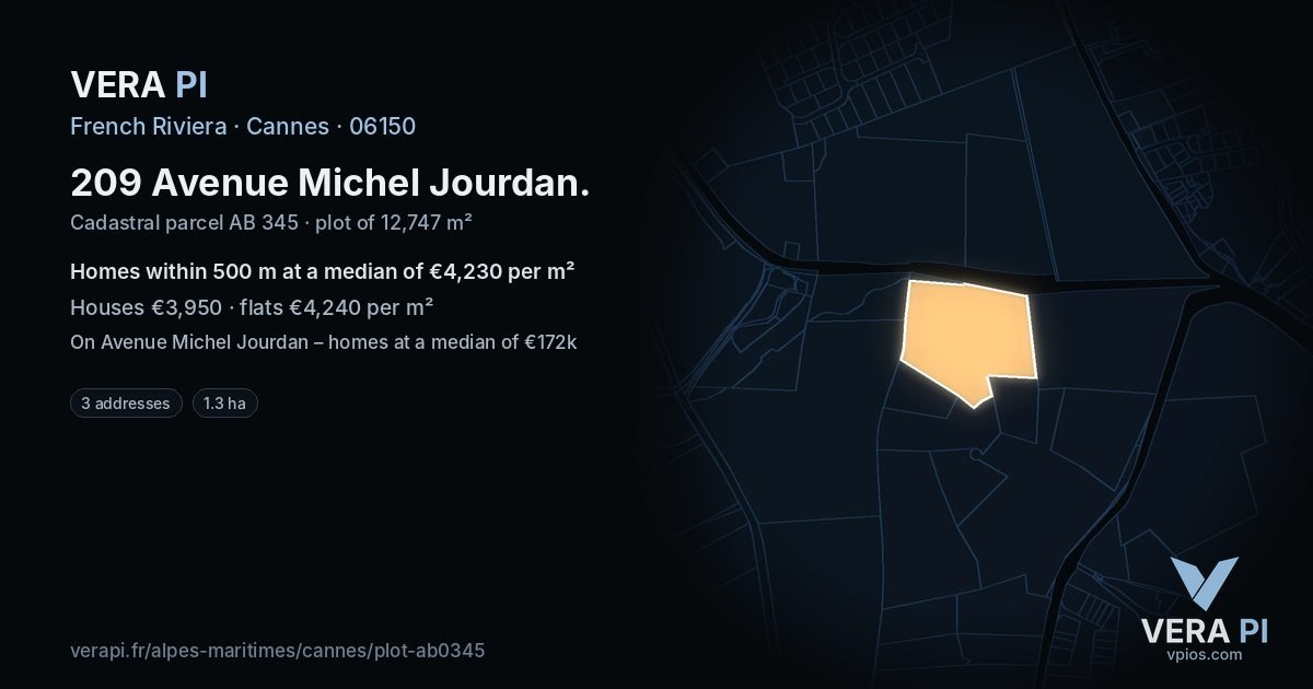 209 Avenue Michel Jourdan, Cannes at night – the plot lit, the parcels around coloured by the prices near them