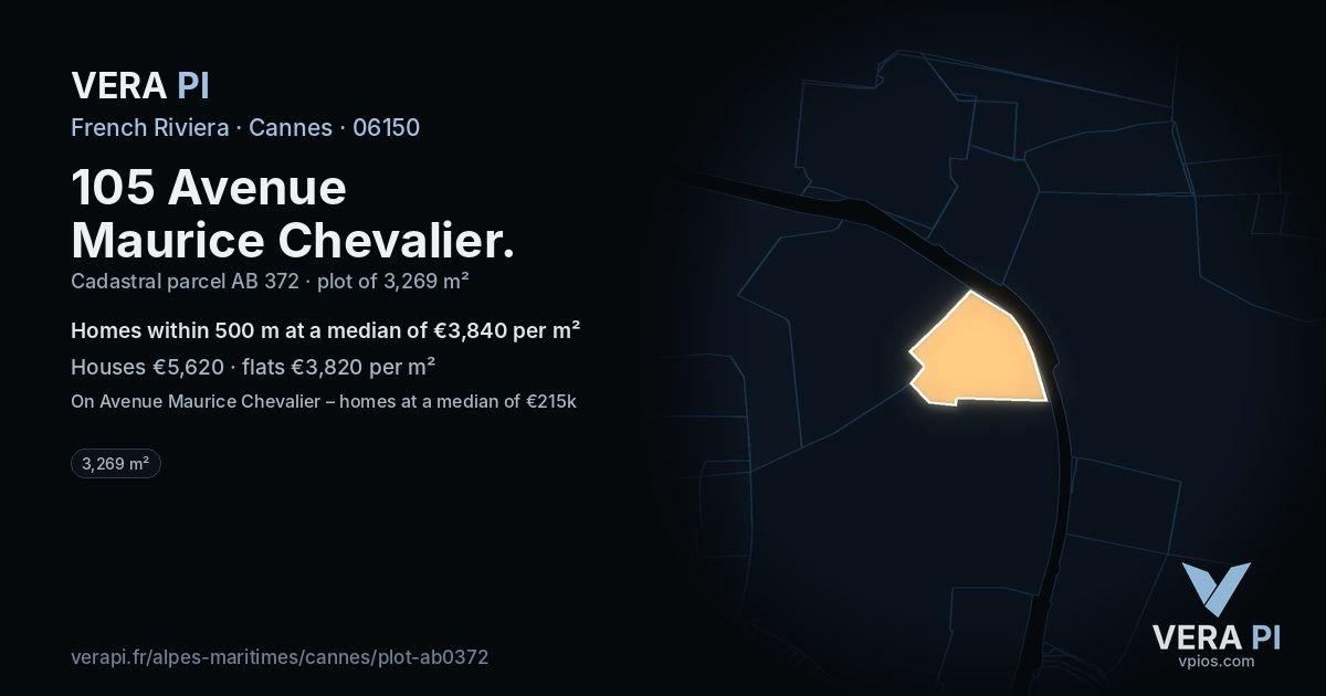 105 Avenue Maurice Chevalier, Cannes at night – the plot lit, the parcels around coloured by the prices near them