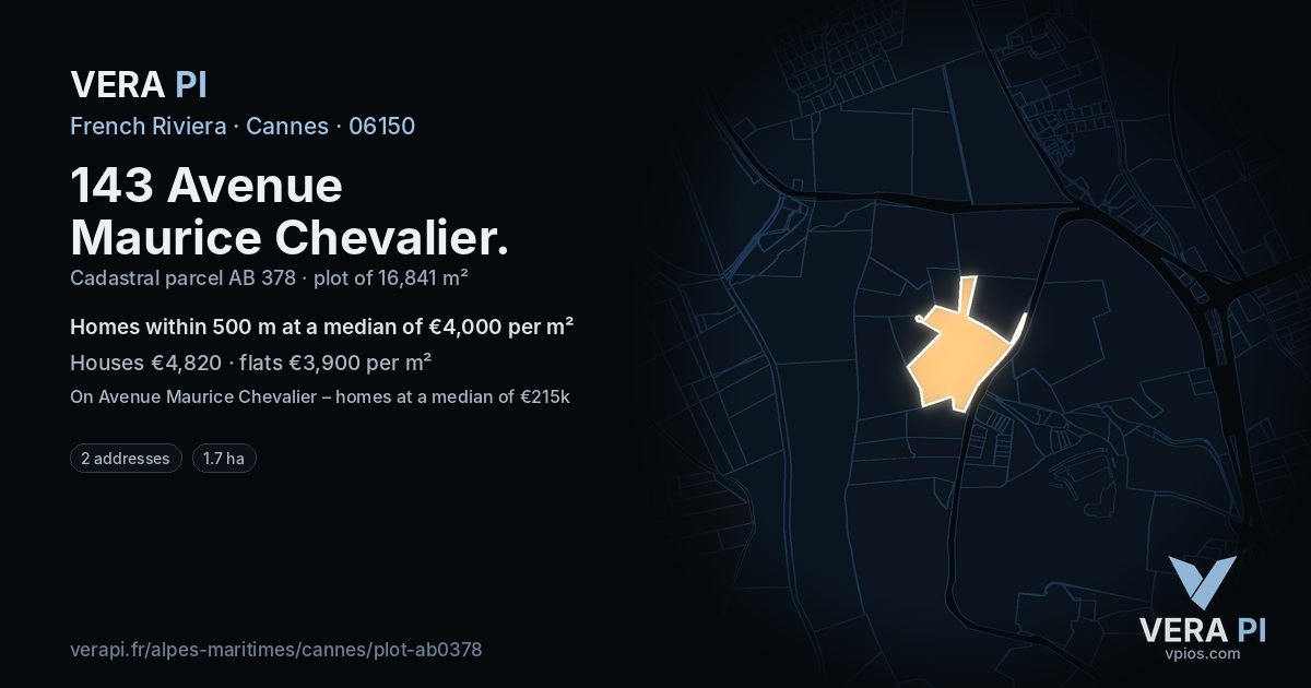 143 Avenue Maurice Chevalier, Cannes at night – the plot lit, the parcels around coloured by the prices near them