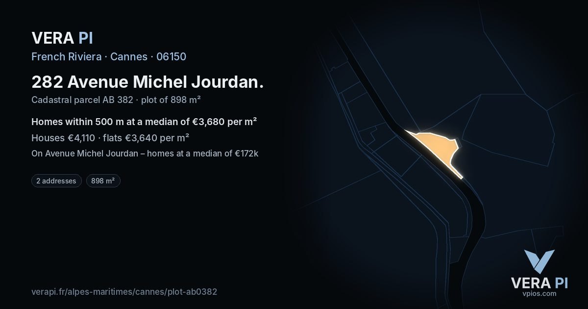 282 Avenue Michel Jourdan, Cannes at night – the plot lit, the parcels around coloured by the prices near them