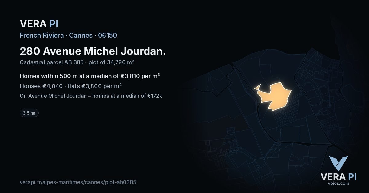 280 Avenue Michel Jourdan, Cannes at night – the plot lit, the parcels around coloured by the prices near them