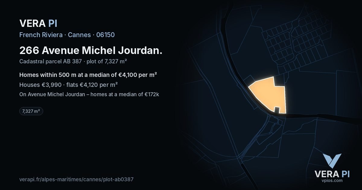 266 Avenue Michel Jourdan, Cannes at night – the plot lit, the parcels around coloured by the prices near them
