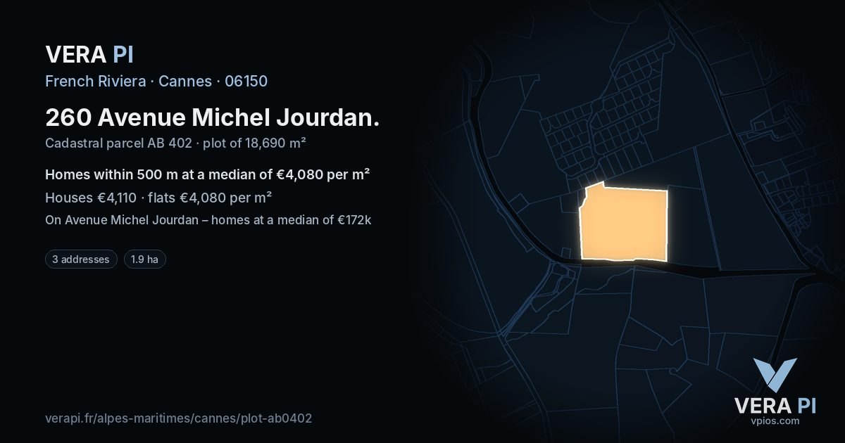 260 Avenue Michel Jourdan, Cannes at night – the plot lit, the parcels around coloured by the prices near them