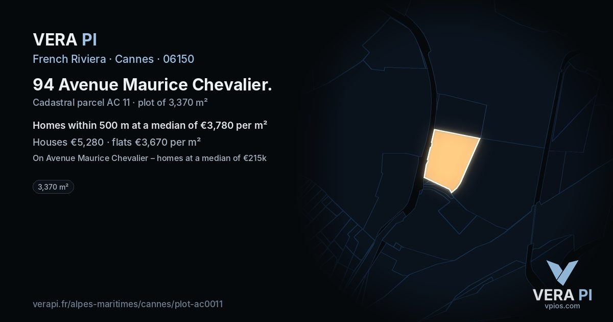 94 Avenue Maurice Chevalier, Cannes at night – the plot lit, the parcels around coloured by the prices near them