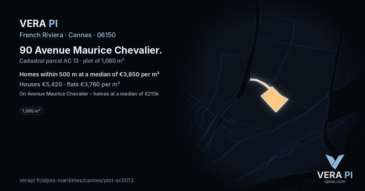 90 Avenue Maurice Chevalier, Cannes at night – the plot lit, the parcels around coloured by the prices near them